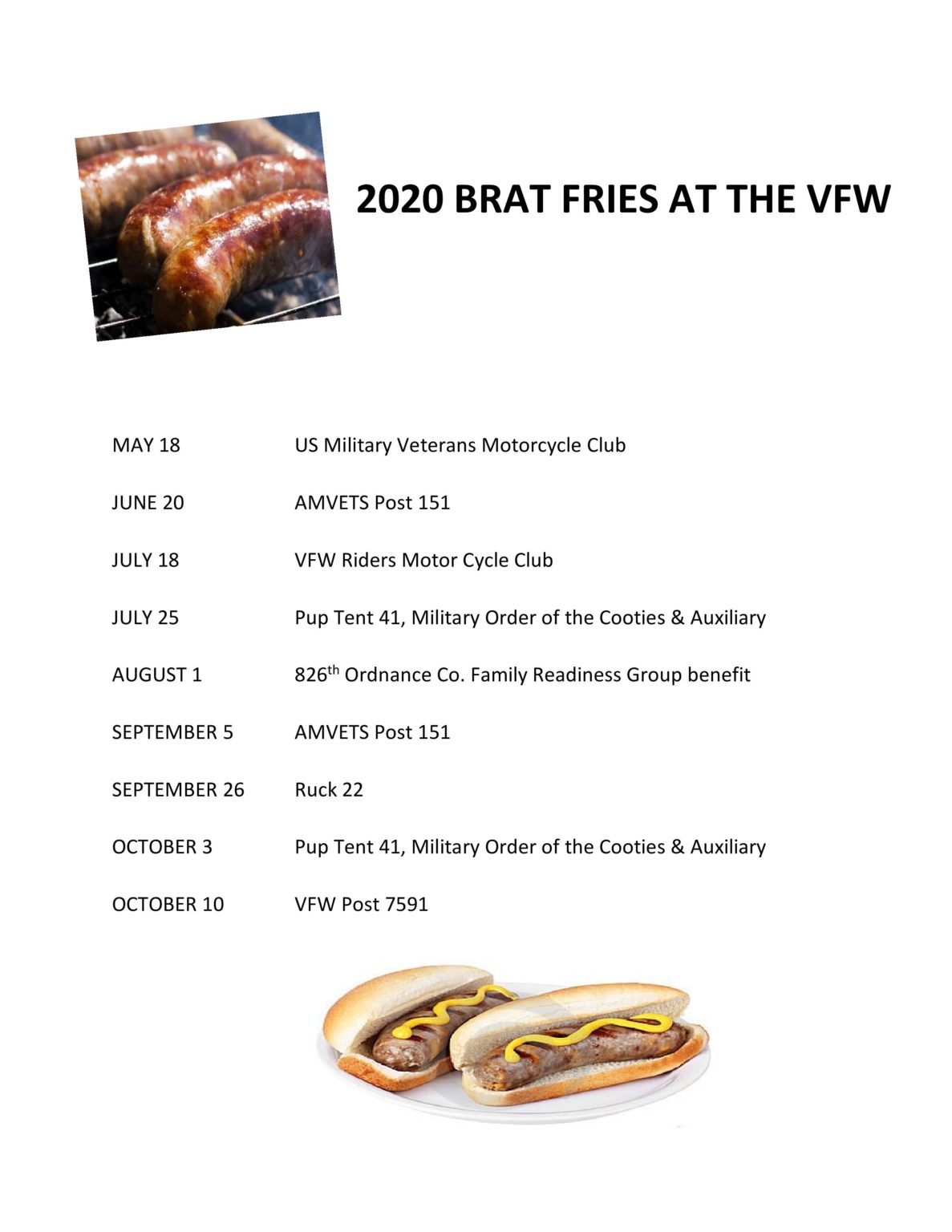 2020 Brat Fry Schedule VFW POST 7591